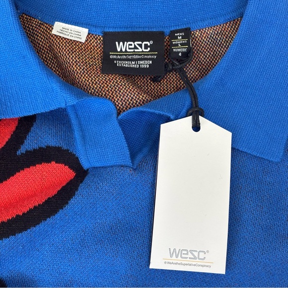 WESC Collar Blue w/Red Floral Polo 100% Cotton Oversized Men’s M Women L - Picture 5 of 11